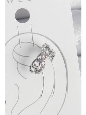 Hkursat Pirinç Gümüş Renk Zirkon Taşlı Zincir Sonsuzluk Model Kadın Kıkırdak Küpe