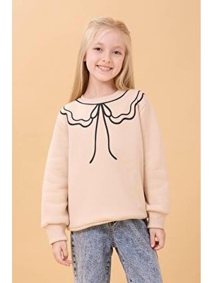 Perendi Kız Çocuk Bisiklet Yaka Baskılı Şardonlu Kışlık Sweatshirt - Taş