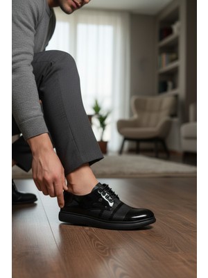 Enoch Hakiki Deri Siyah Aynalı Rugan ve Beyaz Tabanlı Erkek Klasik Ayakkabı