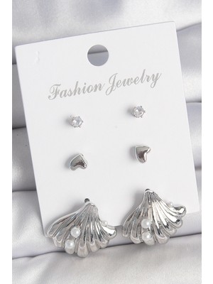 Hkursat Pirinç Gümüş Renk Zirkon Taş Detaylı Inci Detaylı Deniz Kabuğu Model 3 Çift Kadın Küpe