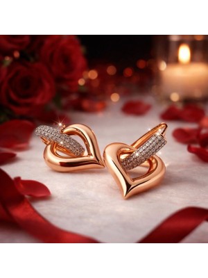 Solène Valentin Zirkon Taşlı Kalp Tasarım Rose Gold Çelik Küpe