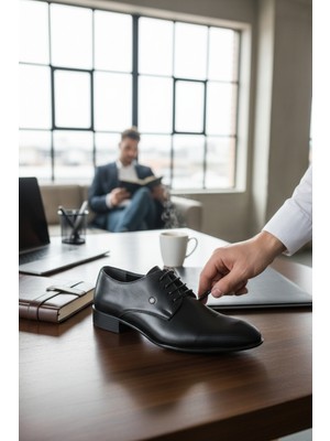 Enoch Siyah Hakiki Deri Modern Ofis ve Prestij Serisi Bağcıklı Klasik Ayakkabı