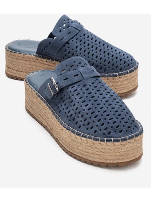 Luvi Louıs Kot Mavi Süet Hakiki Deri Burnu Kapalı Hasır Dolgu Taban Terlik