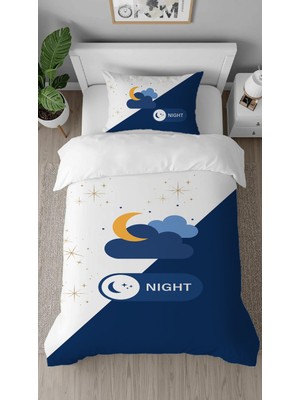 Greendecor Gece Night Bulut Yıldız Özel Tasarımlı Baskılı Çarşafsız Tek Kişilik Şık Çocuk Nevresim Takımı