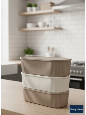 Kemy Home 3’lü Çizgili Oval Saklama Kabı Seti |Dondurucu Uyumlu | 500 ml + 500 ml + 500 ml