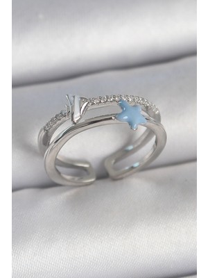 Hkursat Pirinç Gümüş Renk 2'li Zirkon Taşlı Mavi Yıldız Figür Ayarlanabilir Kadın Yüzük