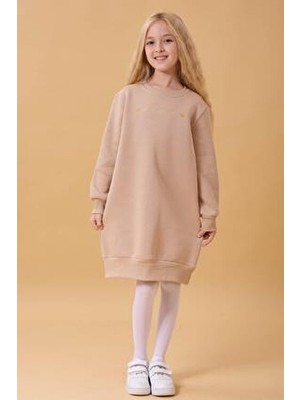 Perendi Kız Çocuk Bisiklet Yaka Nakış Detaylı Içi Polarlı Elbise Taş