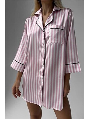 Coccolarsi Strisce Rosa Chiaro Bianco Saten Uzun Tunik Gecelik