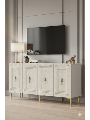 Yumedi Design KA1528BTG - Zülbia Konsol , Tv Sehpası , Çok Amaçlı Dolap, Kahve Köşesi 150 cm Beyaz-Traverten-Gold