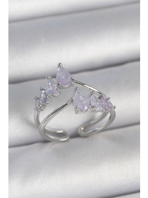 Hkursat Pirinç Gümüş Renk Mor Damla Zirkon Taşlı Taç Model Kadın Yüzük