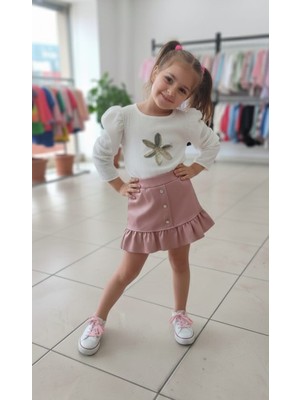 Kız Çocuk Kabarık Kollu Çiçek Nakışlı Bluz ve Deri Görünümlü Fırfırlı Etekli Takım
