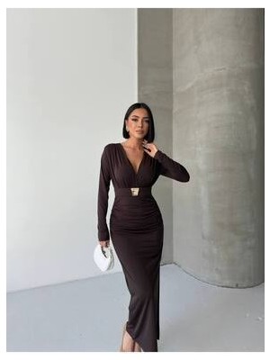 Ark Mağazaları Kruvaze Bel Drapeli Kemerli Aksesuarlı Maxi Elbise(Gold Aksesuar Kemerde Çıkarılabilir) Astarlı