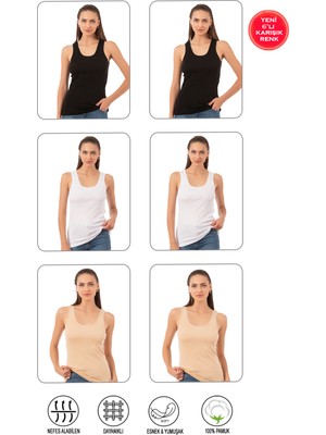 Özkan Underwear Özkan 0111 6'lı Paket Kadın %100 Pamuklu Karışık Renk Ribana Esnek Rahat Biyeli Kalın Askılı Örme Atlet