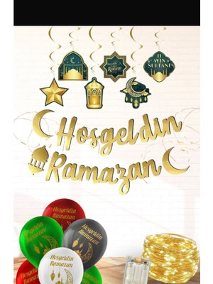 Ramazan Süsleme Seti: Hoşgeldin Ramazan Yazısı, Tavan Sarkıtı, LED Işık, Balon