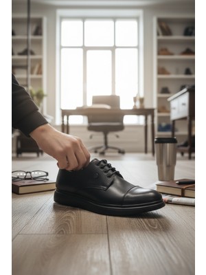 Enoch Deri Siyah Cap-Toe Bağcıklı ve Esnek Tabanlı Erkek Casual Ayakkabı