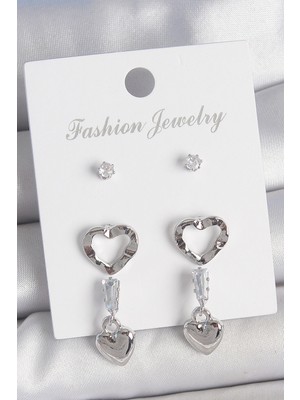 Hkursat Pirinç Gümüş Renk Zirkon Taş Detaylı Sallantı Model 2 Çift Kadın Küpe Seti