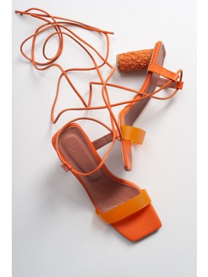 Luvi Tanya Turuncu Cilt Şeffaf Bantlı Bağcıklı Kadın Topuklu Sandalet