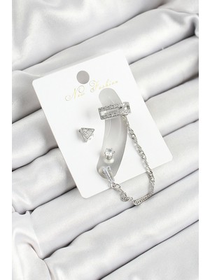 Hkursat Pirinç Üçgen Figürlü Zirkon Taşlı Gümüş Renk 3'lü Kıkırdak Kadın Küpe Set