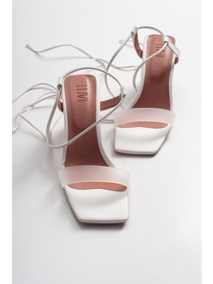 Luvi Tanya Beyaz Cilt Şeffaf Bantlı Bağcıklı Kadın Topuklu Sandalet
