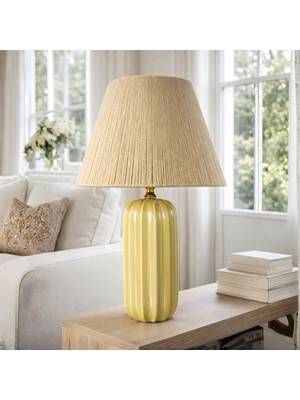 Bahar Aydınlatma Zion Pastel Sarı Gövde Bej Başlık Dekoratif Abajur