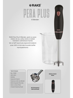 Raks Pera Plus 1700 Watt Paslanmaz 4 Bıçaklı 600 Ml.ölçme Kabı ve Kahvaltı Bıçağı Hediyeli El Blender