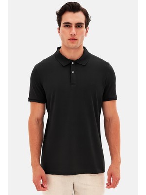 Regular Fit Siyah Pike Dokulu %100 Pamuk Kıvrılmaz Polo Yaka Nakışlı T-shirt 4HC14ORT51000