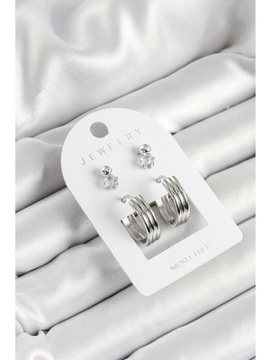 Hkursat Pirinç Zirkon Taş ve Halka Figürlü Gümüş Renk 3'lü Çift Kadın Küpe Set