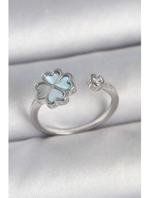 Hkursat Pirinç Gümüş Renk Mavi Mineli Yonca Model Zirkon Taş Detay Ayarlanabilir Kadın Yüzük