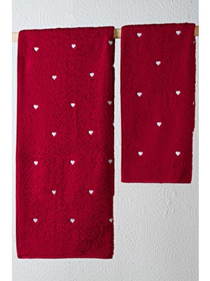 Kırmızı Kalpli Havlu Seti Hamam Seti – 50X90 ve 70X140 cm Banyo Havlu Takımı
