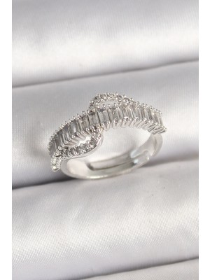 Hkursat Pirinç Gümüş Renk Su Yolu Zirkon Taşlı Ayarlanabilir Model Kadın Yüzük