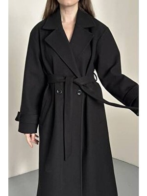Vess Moda Kadın Kuşaklı Uzun Kaşe Kaban Siyah Düz Desenli Regular Kalıp