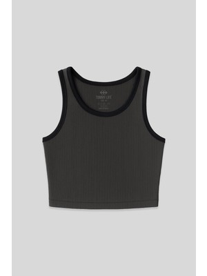 Tommy Life Antrasit Basic Sıfır Kol Dar Kalıp U Yaka Kadın Crop Top Atlet - 97160
