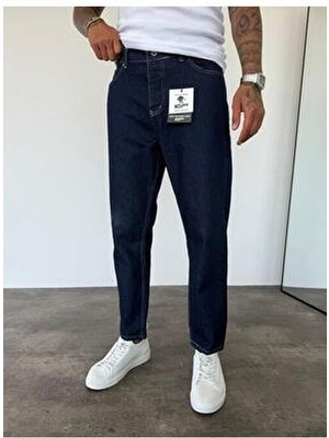 KağanKY Kadın Boyfriend Jean Beyaz Dikişli Denim Kumaş 32 Beden Koyu Lacivert Renkli Model