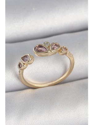 Hkursat Pirinç Gold Renk Pembe Damla Zirkon Taşlı Ayarlanabilir Kadın Yüzük