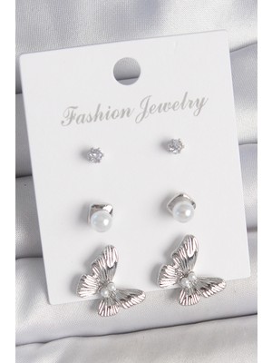 Hkursat Pirinç Gümüş Renk Zirkon Taşlı Inci Detaylı Kelebek Model 3 Çift Kadın Küpe Seti