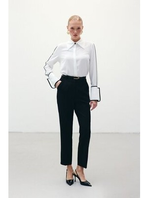 Sateen Kemerli Pantolon - Siyah