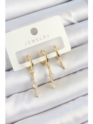 Hkursat Pirinç Zirkon Taşlı Sallantılı Model Gold Renk 3'lü Çift Kadın Küpe Set