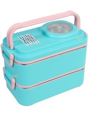 Aesco 1200ML Lunchbox 2 Katlı 4 Bölmeli Mini Kaseli Çelik Sefer Tası Yemek Kutusu (Turkuaz-Pembe)
