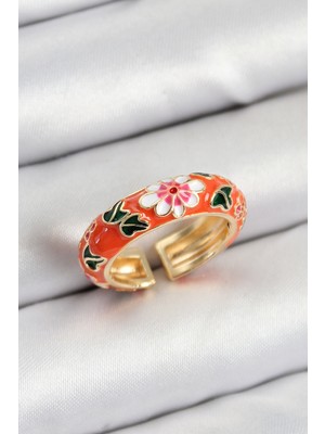 Hkursat Pirinç Turuncu Mineli Çiçek Motifli Gold Renk Ayarlanabilir Kadın Yüzük