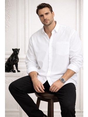Varetta Erkek Beyaz Büyük Beden Gömlek Uzun Kollu Geniş Kesim Düz Cepli