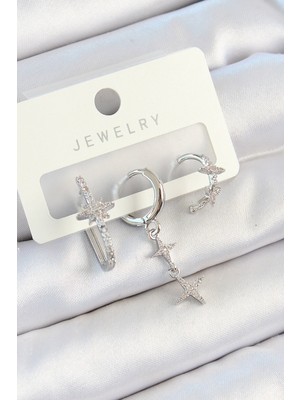 Hkursat Pirinç Zirkon Taşlı Kelebek ve Sallantılı Yıldız Model Gümüş Renk 3'lü Çift Kadın Küpe Set