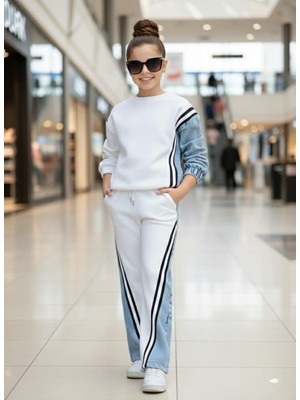 Kız Çocuk Krem Renk Kot Şeritli Pantolon ve Sweat 2’li Takım