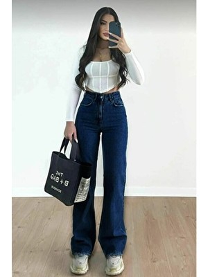 Drc Trend Cristiana Orta Mavi Kadın Salaş Likralı 90's Süper Yüksek Salaş Paça Kot Palazzo Pantolon