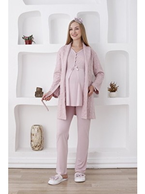 Erdeniz Tekstil Hamile Pijama Takımı Sabahlığı Kapitone Kumaşından / Dantel Detaylı Önü Düğmeli