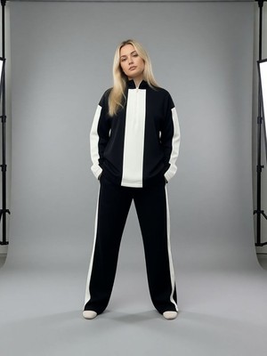 Trendseninle Kadın Siyah Yarım Fermuarlı Premium Kumaş Eşofman Takımı