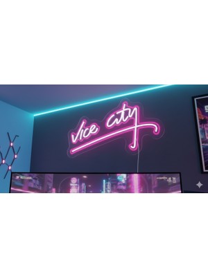 Neonled Vice City Neon LED Logo Dekoratif Aydınlatma (48X26 Cm) (Oyun, Oyuncu, Game, Gamer Neon LED Konsept)