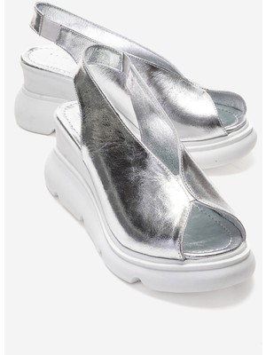 Luvi Sam Gümüş Hakiki Deri Dolgu Topuk Kadın Sandalet