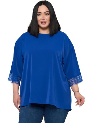 Disentis Modest Büyük Beden Dantel Detaylı Yarım Kol Saks Mavi Bluz