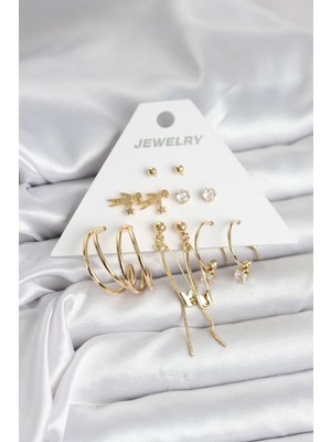 Hkursat Pirinç Gold Renk 6 Çiftli Kadın Küpe Seti