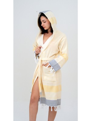 Emillie Mira Havlu Peştemal Bornoz Unisex - % 100 Pamuk Sarı Çizgili Kapüşonlu Cepli XL-2XL